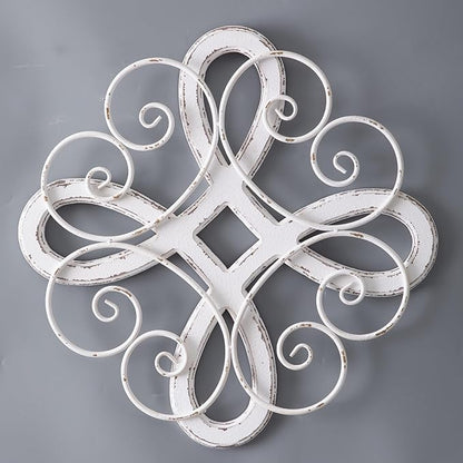 Sintosin Vintage Wrought Iron Wall Decor 22 Inch, Hanging Distressed White Farmhouse Wood and Metal Wall Art Decor, Rustic Medallion Home Wall Decor for Living Room Bedroom Entryway Hallway