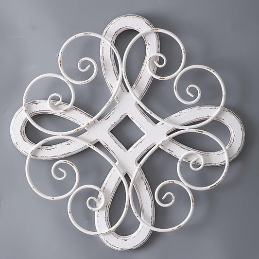 Sintosin Vintage Wrought Iron Wall Decor 22 Inch, Hanging Distressed White Farmhouse Wood and Metal Wall Art Decor, Rustic Medallion Home Wall Decor for Living Room Bedroom Entryway Hallway