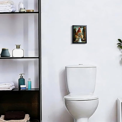 Funny Chicken Bathroom Wall Art, Framed Canvas Print, Rooster Sitting on Toilet Reading Newspaper with Glasses, Humorous Farm Animal Art Oil Painting for Bathroom Decor Restroom Home Decoration 8x10 Inch