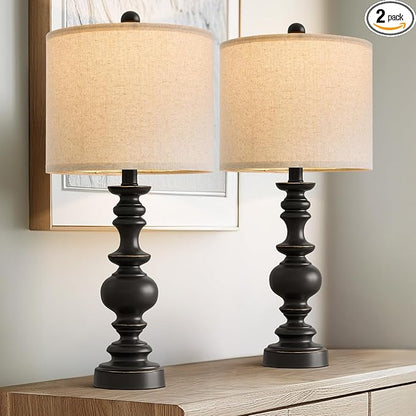BOBOMOMO 24" Traditional Farmhouse Table Lamp Set of 2, Vintage Resin Lamps for Living Room Bedroom, Rustic Nightstand Lamp with Linen Shades, Retro Black Table Lamps for Living Room, Bedroom, Office