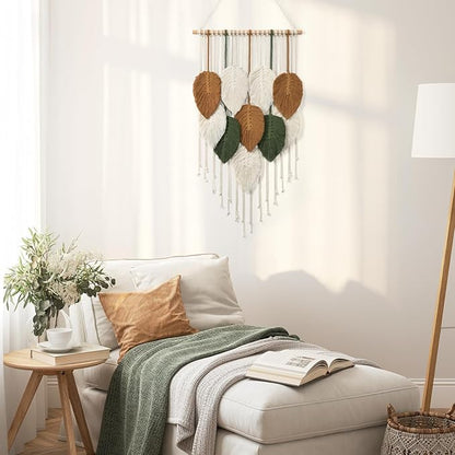 KHOYIME Macrame Wall Hanging Leaves Woven Tapestry, Boho Chic Home Decor Modern Bohemian Handmade Leaf Feather Wall Art Decorations for Apartment Dorm Living Room Bedroom Nursery Backdrop 16.5"x29.5"