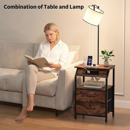 End Table with Floor Lamp, Nightstand with Charging Station, Floor Lamp Table with 3-Color Temperature Bulb, Bedside Table Night Stand with 2 Drawers for Bedroom, Living Room, Brown