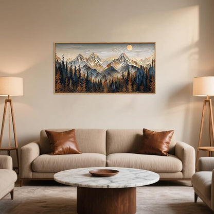 Mountain Wood Framed Canvas Wall Art Set,Rustic Pine Trees Wall Painting,Boho Ridge Scenery Wall Decor,Natural Sun Landscape Art Print for Living Room,Bedroom,Dining Room,Office-20 x40 x1