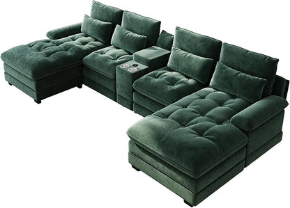 134"U Shaped Sectional Couches for Living Room,Oversized Modular Sectional Fluffy Couch with Chaise Lounge & Tufted Buttons,Modern Chenille 6 Seat Living Room Sofa Set with Storage Console,Green