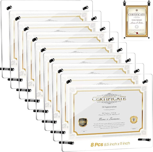 Thyle 8 Pcs Acrylic Photo Frame 8.5 x 11'' Clear Floating Picture Frame Certificate Document Poster Award Diploma Display Tabletop or Hanging Wall Mount Gift for Christmas Team Employee Family(Black)