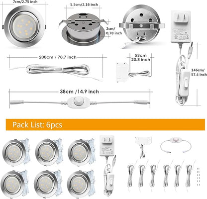 LED Puck Lights Wired Under Cabinet Lighting Dimmable,Recessed Mount,2.5In Hole Halogen Bulb Equiv,12V Under Counter Light Fixture Plug in for Kitchen,Display Shelf,Curio,4000K Daylight White,6pcs