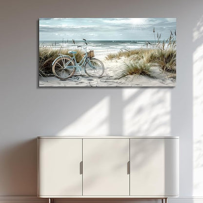 FUHAIHUA Large Wall Art For Bedroom Canvas Wall Decor For Living Room Office Decoration Blue Beach Bicycle Seascape Painting Ocean Landscape Wall Pictures Artwork Modern Home Decor Posters 30"X60"