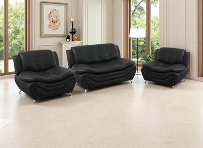 Faux Leather Sofa Set, Living Room Furniture Sets, 3PCS Sofa Couches Black Loveseat and 2 Chairs for Bedroom, Apartment, for Living Room