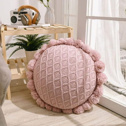 IXITON Round Creative Knitting Pompoms Pillow Sunflower Pillow Decorative Cushion Throw Pillow with Insert Plush Pillow for Couch Sofa Bed, 20 Inch (Light Pink)