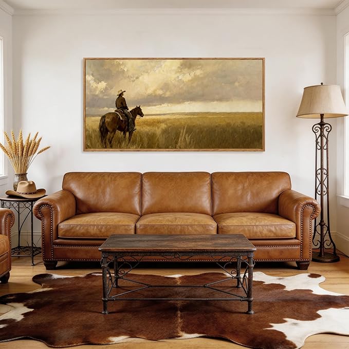 Aurlan Western Cowboy Framed Wall Art(40"x20"), Vintage Neutral Southwestern Horse Riding Canvas Artwork, Mid Century Modern Ranch Gobi Desert Landscape Decor for Man Cave Bedroom