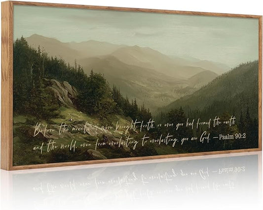 CHDITB Bible Verses Quotes Scripture Psalm 90:2 Wall Art Framed, Neutral Boho Farmhouse Christian Mountain Landscape Canvas Artwork, Large Vintage Religious Biblical Nature Smoky Forest Painting Decor for Living Room Office (40"L x 20"W)