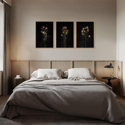KAIRNE Dark Moody flower Framed Canvas Wall Art Set, Minimalist Black Wildflower Wall Decor, Vintage Botanical Floral Wall Painting, Nature Plant Art Prints for Living Room,Bedroom,Office-24 x36 x3
