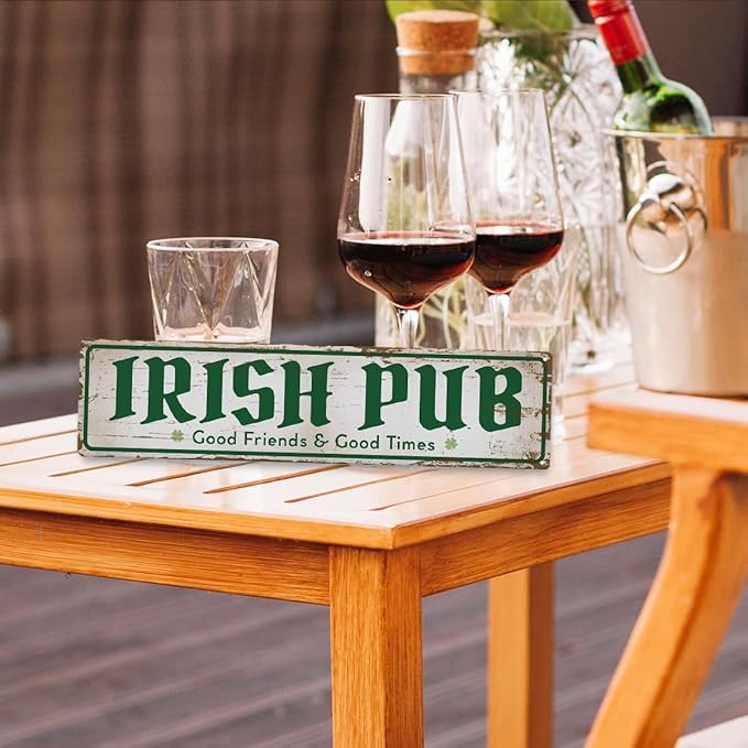Rustic Bar Decor Metal Wall Sign, “Irish Pub – Good Friends & Good Times” Vintage Tin for Wet Bar, Lounge, Kitchen or Entryway, Weather-Resistant, 15.8 x 4 Inch