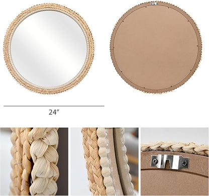 FUIN 24" Rattan and Wood Round Mirror for Boho Bathroom, Entryway, Living Room Decor