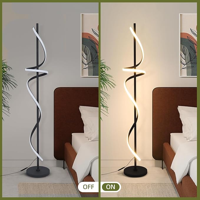 EIDISUNY Modern Spiral Floor Lamp with Remote Control, 48W LED Floor Lamps for Living Room, 3 Colors Dimmable Tall Standing Lamp for Living Room, 60'' Modern Floor lamp for Bedroom Black