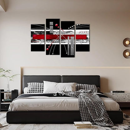 YPY Large Black Red Canvas Wall Art - 4 Panels Modern Abstract Picutre Set for Home Decoration - Contemporary Painting Artwork Ready to Hang Living Room Bedroom W48 x H36