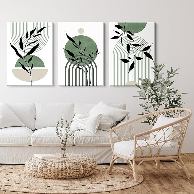 Mid Century Modern Wall Art Set of 3 Sage Green Canvas Wall Art Boho Prints Green Wall Decor Black Beige Abstract Wall Art Picture Mid Century Painting for Home Bedroom 16x24 Inch Wrapped Canvas