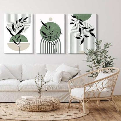 Mid Century Modern Wall Art Set of 3 Sage Green Canvas Wall Art Boho Prints Green Wall Decor Black Beige Abstract Wall Art Picture Mid Century Painting for Home Bedroom 16x24 Inch Wrapped Canvas
