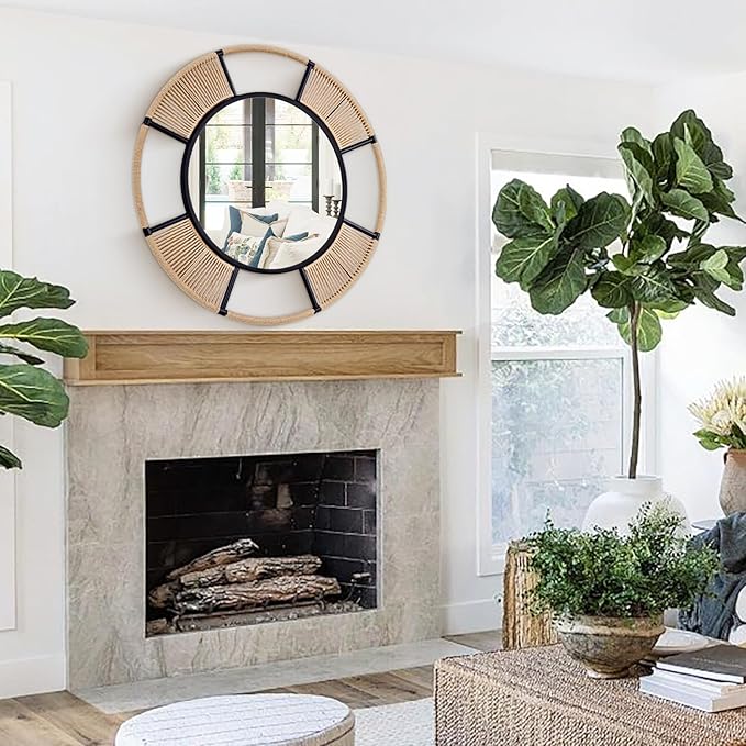 Large Round Mirrors for Wall Decor, 36.6'' Boho Coastal Mirror with Detachable Rattan and Black Metal Frame, Black Farmhouse Mirror for Bathroom Power Room Fireplace Hallway