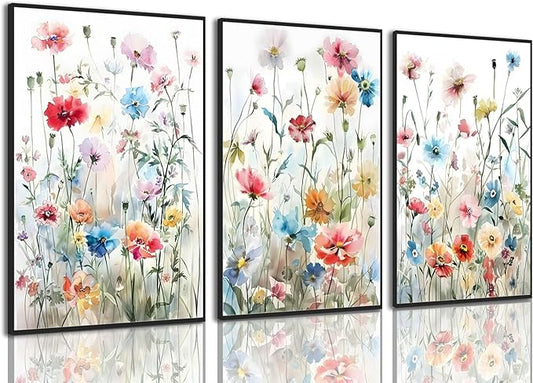 KISSFOX Framed Colorful Wildflower Canvas Wall Art Set Of 3 Flowers Pictures Prints Flowers Printing Floral Watercolors Flower wall Decor Living Room Girls Bedroom Bathroom