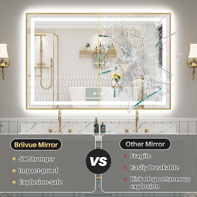 72x32 Inch LED Bathroom Mirror with Gold Frame, Backlit & Front Lit, Lighted Wall Mirrors for Bathroom Vanity, Touch Screen Dimmable, Anti-Fog, Memory Function, HD Tempered Glass, Shatter-Proof