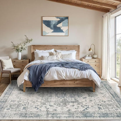 Rugxara Area Rugs 5x7, Washable Rugs for Living Room, Vintage Boho Light Blue Rug for Office, Dining Room, home decorKids Room and Farmhouse,Home Decor Durable Low Pile Non-Slip for High Traffic Areas