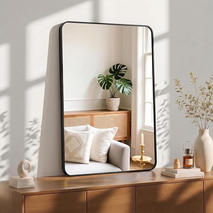 OLIXIS Bathroom Mirror for Over Sink, 38x26 Inch Wall Mount Mirror with Rounded Rectangle and Matte Metal Framed, Modern Wall Vanity Mirror for Home Decor, Living Room, Bedroom, Black