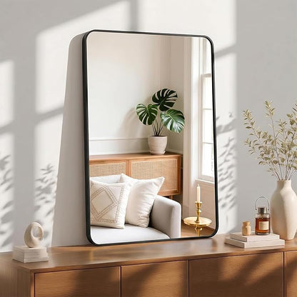 OLIXIS Bathroom Mirror for Over Sink, 38x26 Inch Wall Mount Mirror with Rounded Rectangle and Matte Metal Framed, Modern Wall Vanity Mirror for Home Decor, Living Room, Bedroom, Black