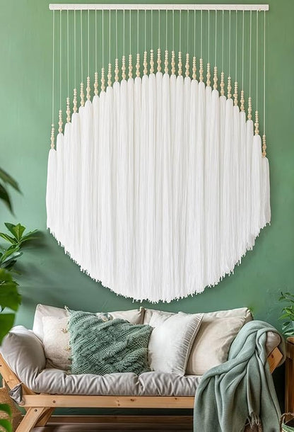 IOWER Boho Wall Decor Yarn Wall Hanging Macrame Wall Hanging Fiber Wall Art White Beads Tassel Wall Decor Boho Chic Home Decor 39" W x 55" L