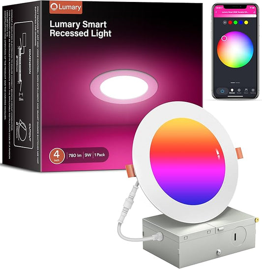 Lumary Smart Recessed Lighting 4 Inch, Color Changing LED Downlight 9W 780LM, Wi-Fi Bluetooth Soffit Lights with J-Box, Compatible with Alexa/Google Assistant/BT Remote, ETL Listed, 1 Pack