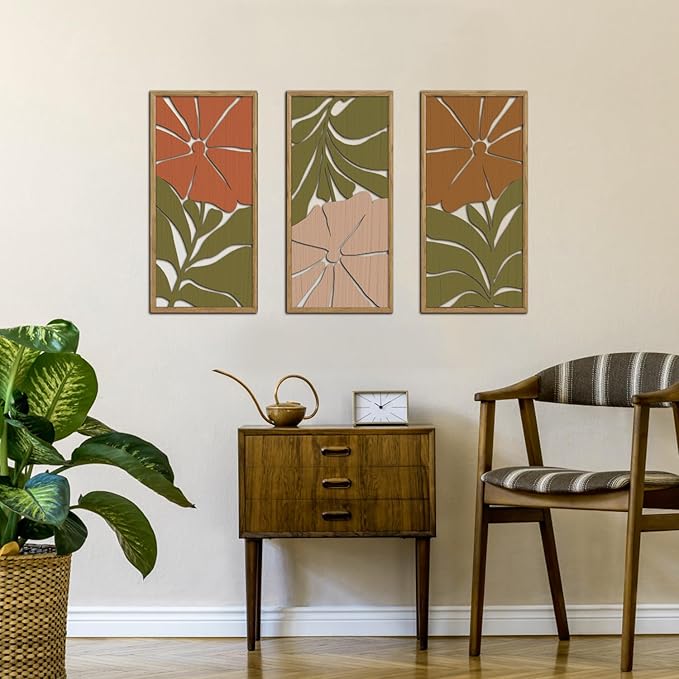 KAIRNE Boho Wooden Wall Art,Bohemian Wood Wall Decor Set of 3(16”X8”),Abstract Minimalist Hanging Decor,Vintage Farmhouse Bohemian Artwork for Living Room Bedroom Kitchen Office Decoration,Framed