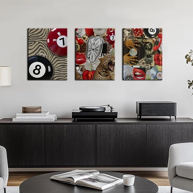 Trendy Leopard Cheetah Wall Art Set of 3, Black Woman Wall Decor Paintings Black Teen Girl Music 8 Ball Poster Canvas Prints Aesthetic for Bedroom Living Room Dorm 16x24 inch Framed