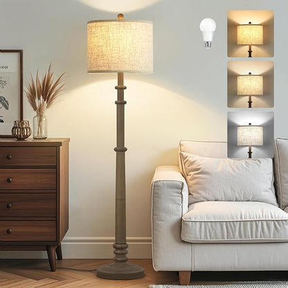 EJIAXIN Floor Lamps for Living Room - 60" Resin Farmhouse Floor Lamp with Adjustable Color Temperatures - Vintage Standing Lamp Reading Light with Linen Shade Retro Tall Lamp for Bedroom Office, Grey