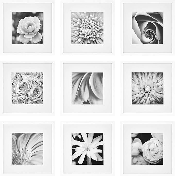Gallery Perfect 12x12 Picture Frames, 9 Piece Set with Real Glass Cover for 8x8 Photos With Mat, Picture Frames Collage Wall Decor for Gallery Wall, Home Decor, White