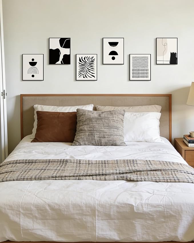 KUVIOKE Black Abstract Framed Wall Art Boho Room Decor Set of 6 Minimalist Geometric Line Art Bohemian Mid Century Modern Prints for Bedroom Living Room 8x10in (Black Framed)