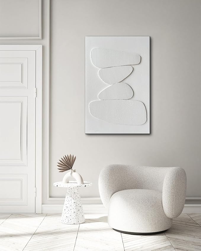 Creespi Hand-Painted White 3D Textured Wall Art 24x36 inches,Minimalist Abstract Canvas Art Painting for Home Wall Decoration