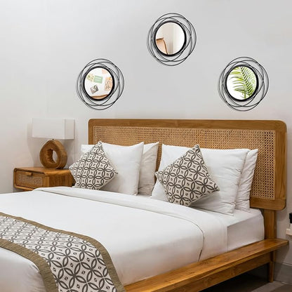 3 Set. Round Mirrors for Wall Decor Living Room Bedroom Bathroom Dining Room Metal Circle Mirror Set Boho Decorative Sunburst Wall Art Accent Entryway - Black 13.3 in.