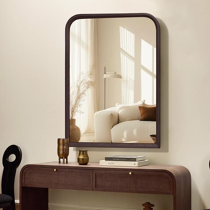Arched Bathroom Mirror for Wall,24 x 36 inch Hanging Vanity Dark Walnut Brown Tempered Mirrors with Rounded Corner for Living Room,Bedroom,Entryway