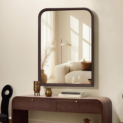 Arched Bathroom Mirror for Wall,24 x 36 inch Hanging Vanity Dark Walnut Brown Tempered Mirrors with Rounded Corner for Living Room,Bedroom,Entryway