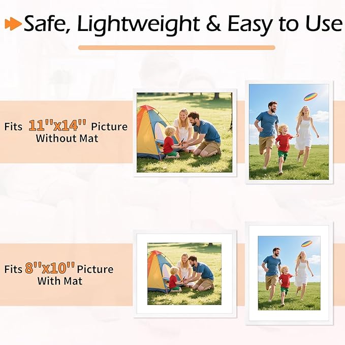11x14 Picture Frame Set of 8, White Wall Gallery Hanging Photo Frames, Display Pictures 8x10 with Mat or 11x14 Without Mat, Poster Frames with Plexiglass for Home Office Wall Decor