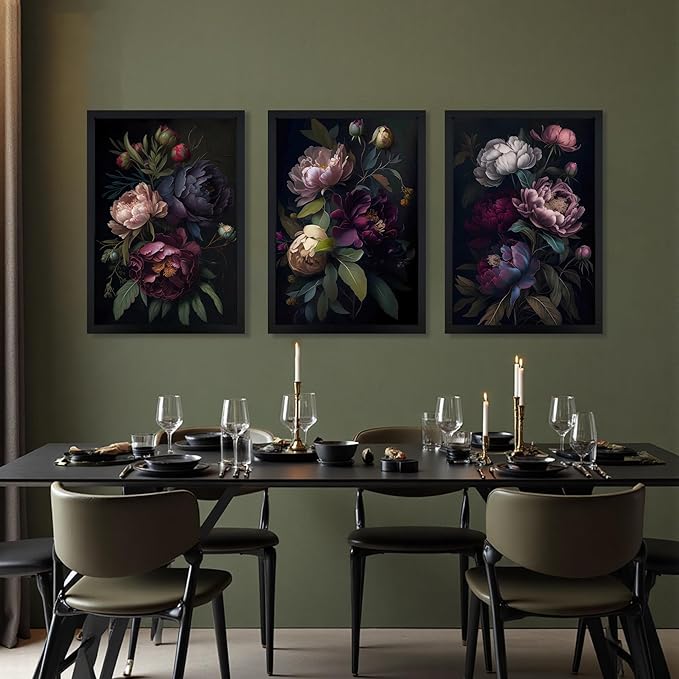 ICHZUMW Moody Peony Floral Canvas Wall Art Set of 3, Black Wood Framed Dark Academia Gothic Botanical Wall Decor, Ready to Hang Fade‑Resistant Flower Pictures for Bedroom Living Room Bathroom, 12×16in