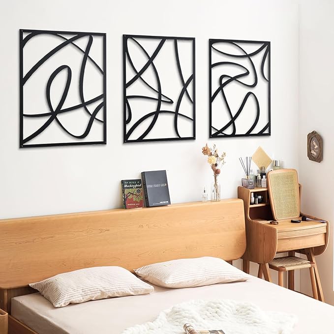 Zzbakress 3 Pcs Black Metal Wall Decor Abstract Wall Art Decor Fine Curve Wall Decoration Minimalist Metal Decoration Single Line Wall Art for Living Room Bedroom Bathroom (Elegant)