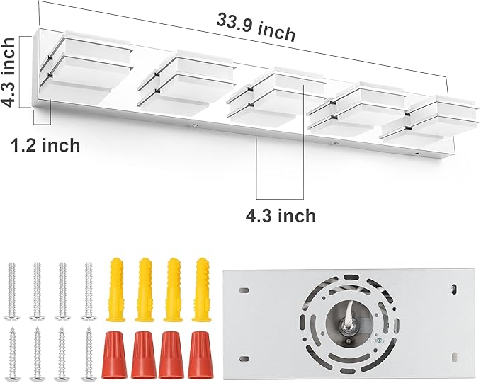 GOODATE 3 Color Temperature Dimmable Vanity Lighting Fixtures, LED Chrome 5 Light Bathroom Vanity Light, Acrylic Stainless Steel Square Shade Vanity Lights for Bathroom, ETL Certificated