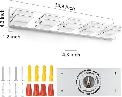 GOODATE 3 Color Temperature Dimmable Vanity Lighting Fixtures, LED Chrome 5 Light Bathroom Vanity Light, Acrylic Stainless Steel Square Shade Vanity Lights for Bathroom, ETL Certificated