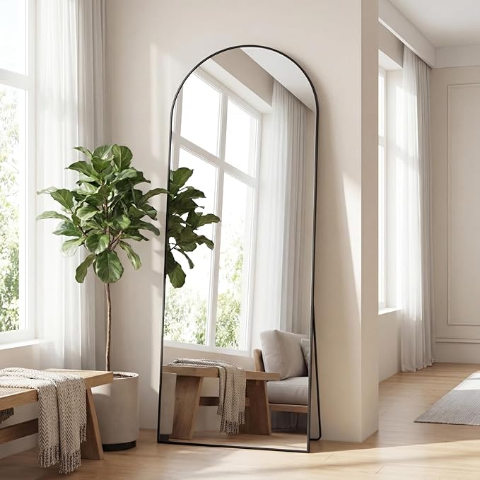 Sweetcrispy 65"x24" Arched Full Length Mirror, Full Body Mirror with Aluminum Alloy Thin Frame, Leaning or Standing, Suitable for Bedroom, Livingroom, Cloakroom, Black