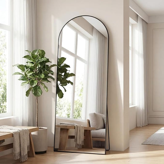 Sweetcrispy 65"x24" Arched Full Length Mirror, Full Body Mirror with Aluminum Alloy Thin Frame, Leaning or Standing, Suitable for Bedroom, Livingroom, Cloakroom, Black