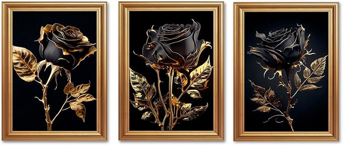 ICHZUMW Black and Gold Wall Decor, Gold Framed Glam Rose Canvas Wall Art, Set of 3 Ready to Hang Fade Resistant Floral Prints with Moody Dark Academia Aesthetic for Bedroom Living Room, 12x16 Inches