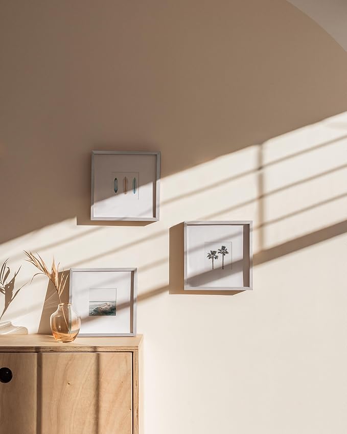 HAUS AND HUES 8x8 Silver Metal Picture Frames Matted to 4x4 - Features Premium Aluminum & Hanging Hardware, Shatterproof Plexiglass - Ideal for Home, Room, Office (8x8 in, Silver, Set of 3)