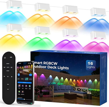 Outdoor Deck Lights, 16 Lights Smart Fence Lights Compatible with Alexa & Google Home, IP65 LED Patio Deck Lighting with Remote, Fence Lighting Music Sync for Patio Yard Garden(104.8ft)