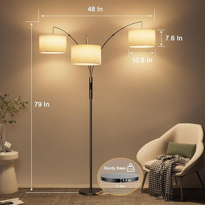 SIBRILLE 36W RGB Arc Floor Lamp with 3 Fabric Shades, 3000LM Super Bright Standing Lamp with Remote Control & Touch, Stepless Dimming, Individual Light Control for Living Room, Bedroom